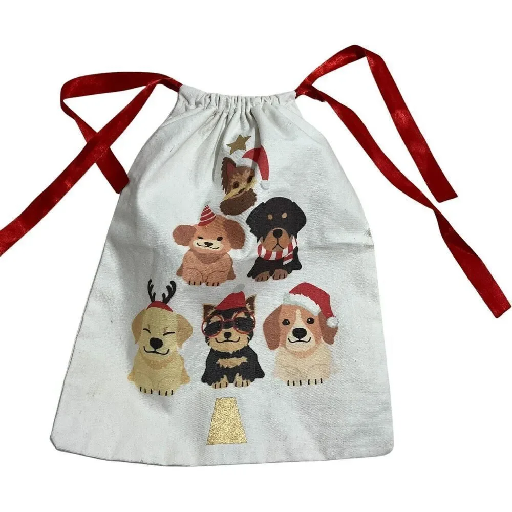 Woven Drawstring Holiday Puppy Dogs Christmas Gift Bag‎ 12